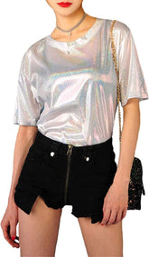 ANKOMINA Women Teen Girls Shiny Glitter Metallic T Shirt Tank Tops Holographic Rave Festival Party Blouse
